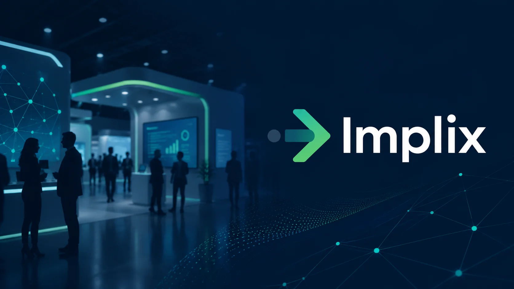 Implix Logo vor einer stilisierten Messe- und Konferenzszene